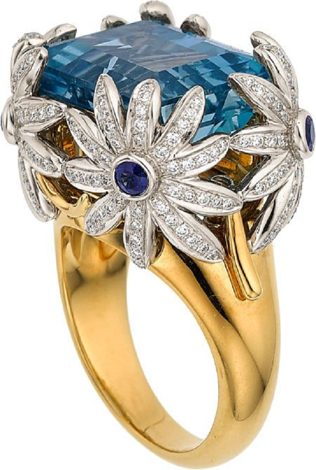 Square Cut Blue Topaz Diamond with Clear Rhinestone Flowers on Yellow Gold Ring