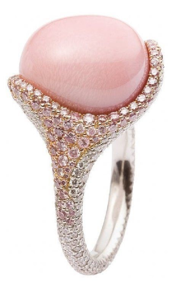 Sterling Silver Ring with Pink Opal Stone and Clear Rhinestones