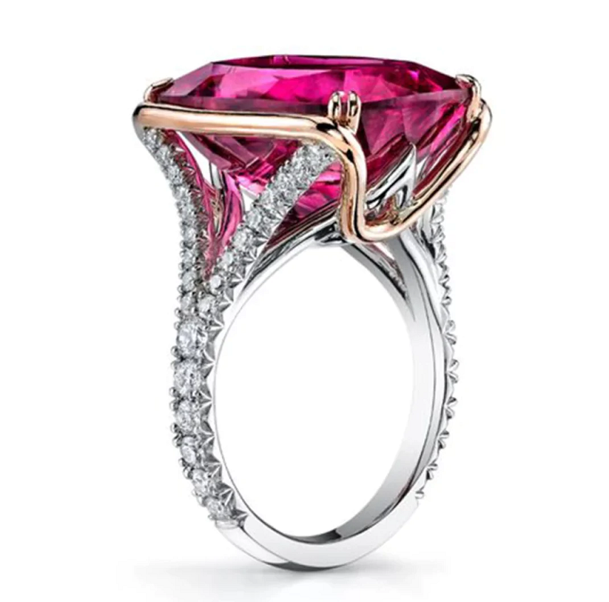 Cushion Cut Pink Diamond with Clear Rhinestones on Yellow Gold and Silver Shaded Ring