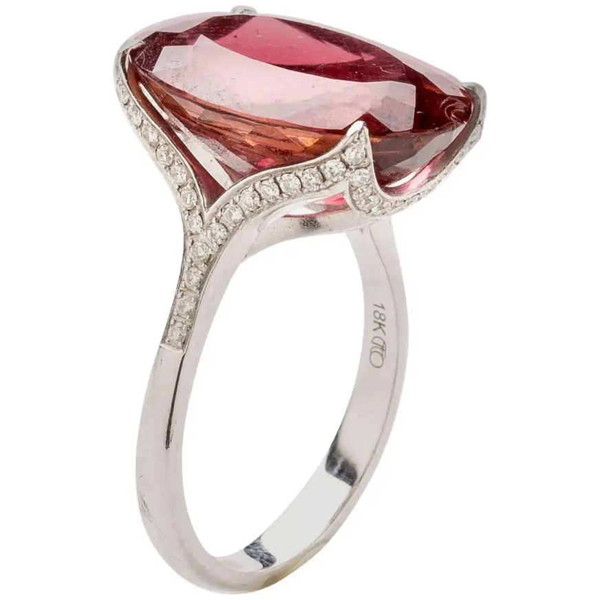 White Gold Ring In A Unique Design with Red Diamond and Clear Rhinestones