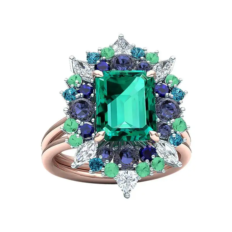 Square Cut Emerald Stone with Purple, Green, Blue and Clear Stones On Yellow Gold Ring