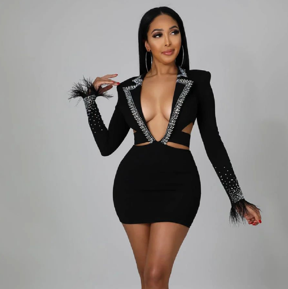 Black Short Embellished Rhinestones Short Dress with Long Sleeves and Deep V-Neck