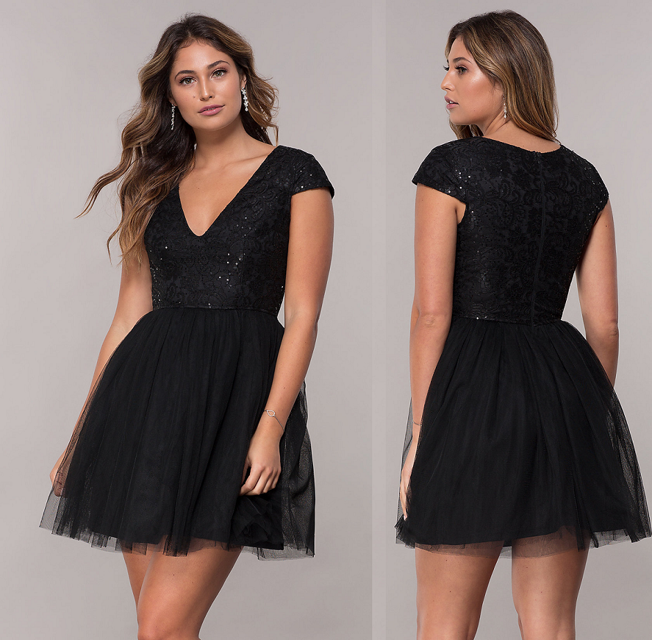 Shimmery Short Cap-Sleeve Lace-Bodice Sequin Short Black Dress