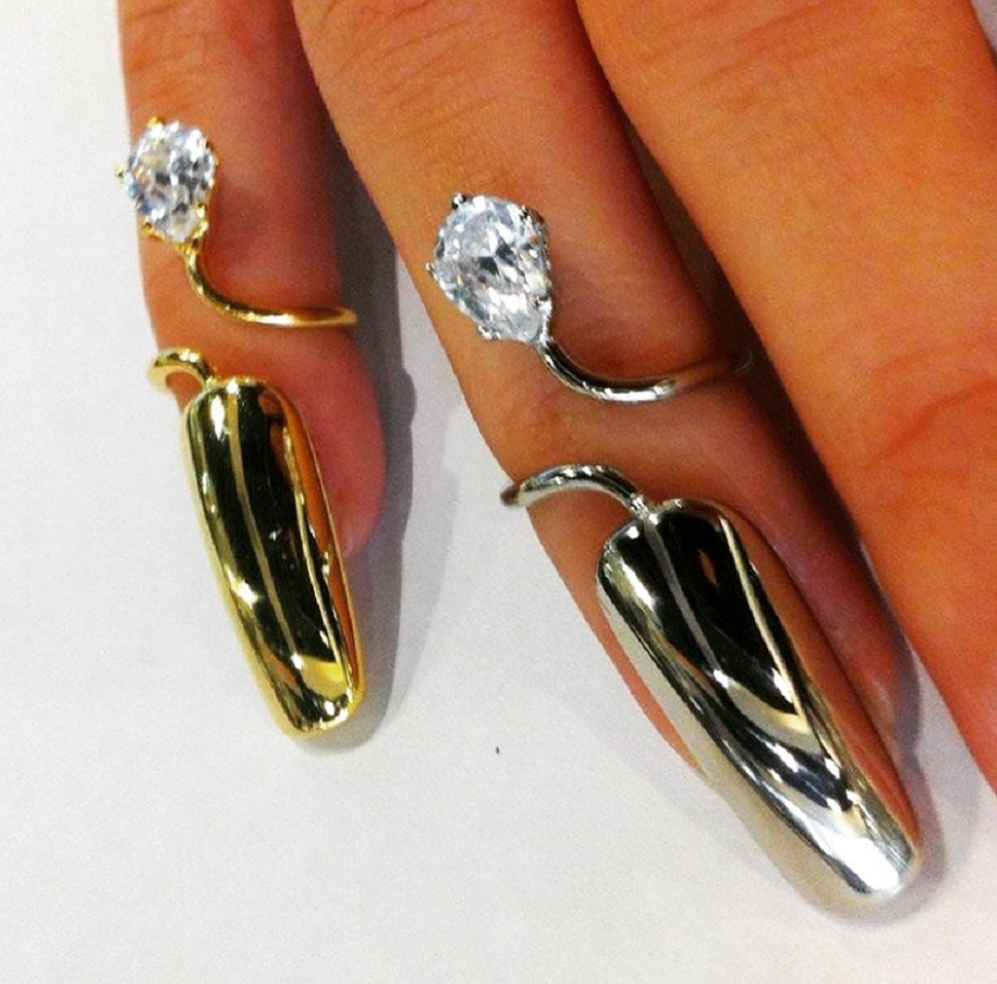 Flat Yellow Gold and Sterling Silver Nail Rings with 1 Tear shape Diamond Rhinestones