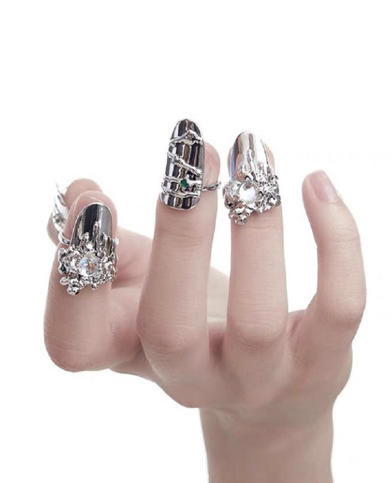 Nail Rings In Silver with Glittering Rhinestones