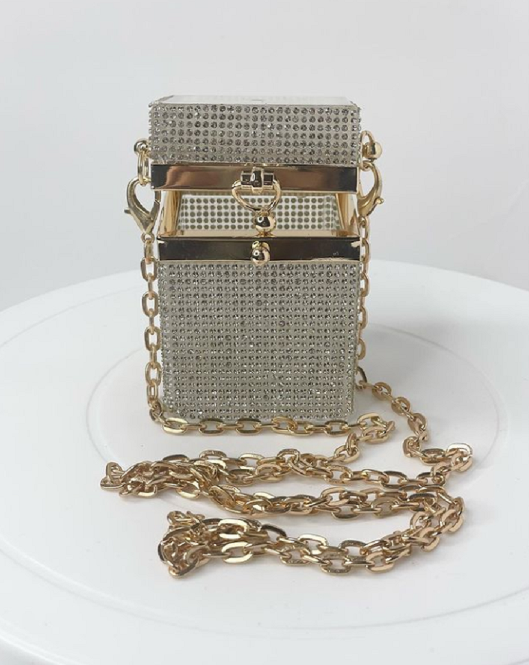 Elegant Evening Silver Rhinestones Handbag with Gold Shaded Crossbody Handle