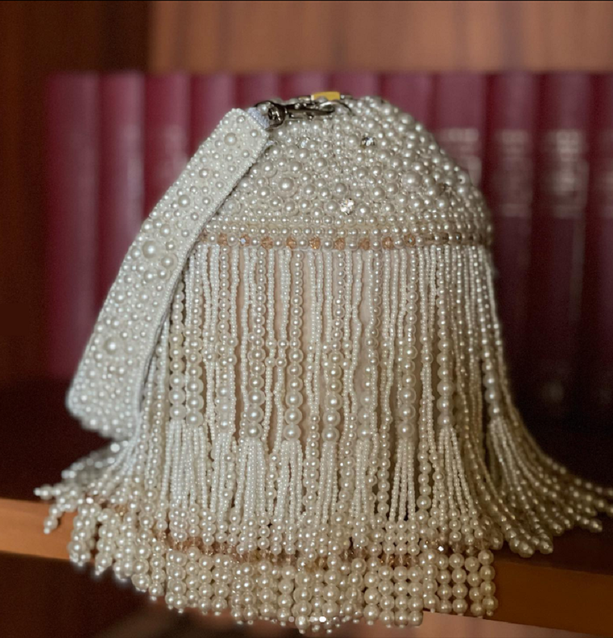 Round Shape Evening Handbag with Embellished White Pearls