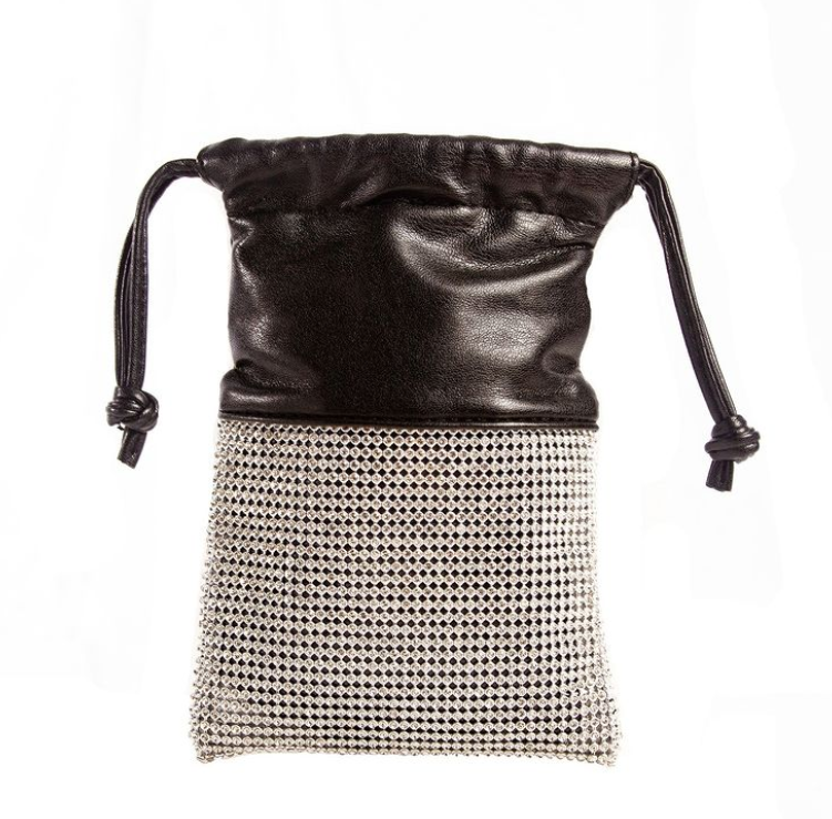 Women's Black Drawstring Evening Bag with Glittering Rhinestone