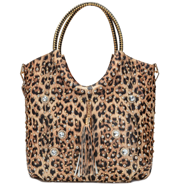 Animal Print Evening Handbag with Small and Large Rhinestones and Circular Handles