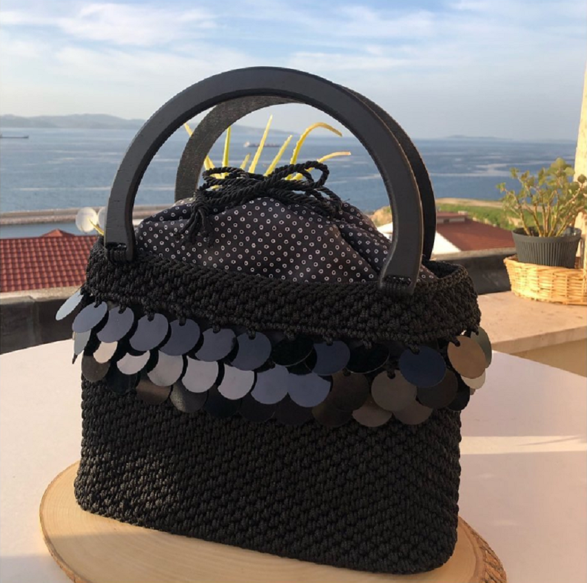 Handmade Knitted Black Evening Bag with Hanging Sequins and Round Handles