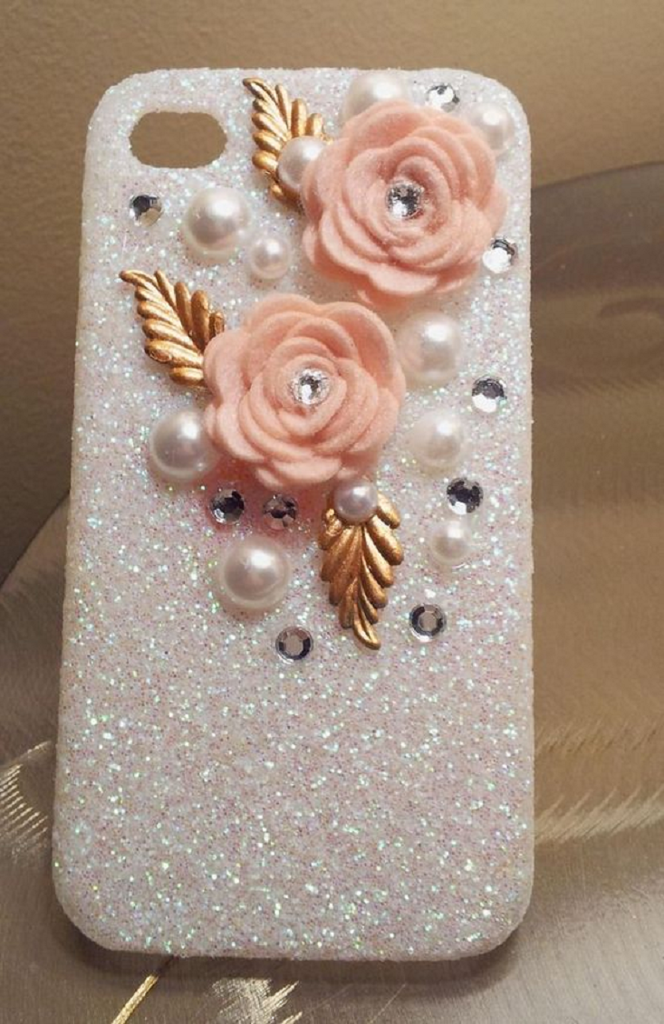 All White Plastic Cover with Pink Rose and Embellished Rhinestones