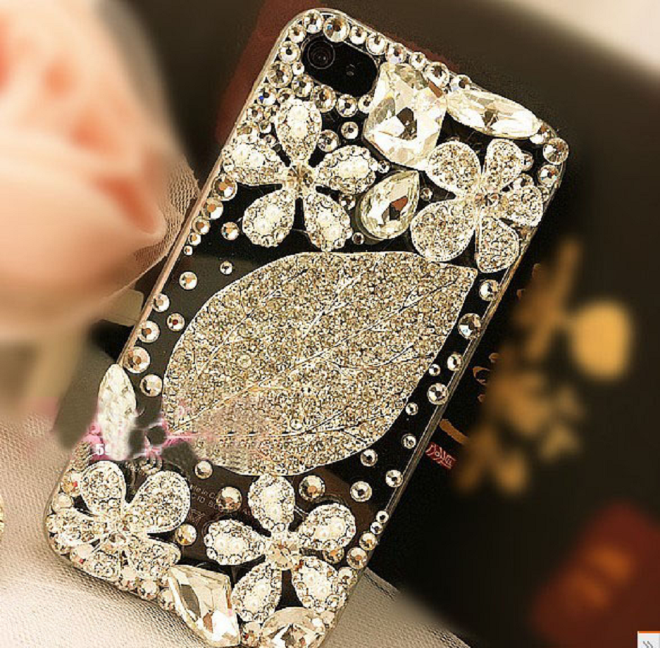 Black Glossy Finish Back Case For iPhone with Embellished Rhinestone Flowers and Leaf Design