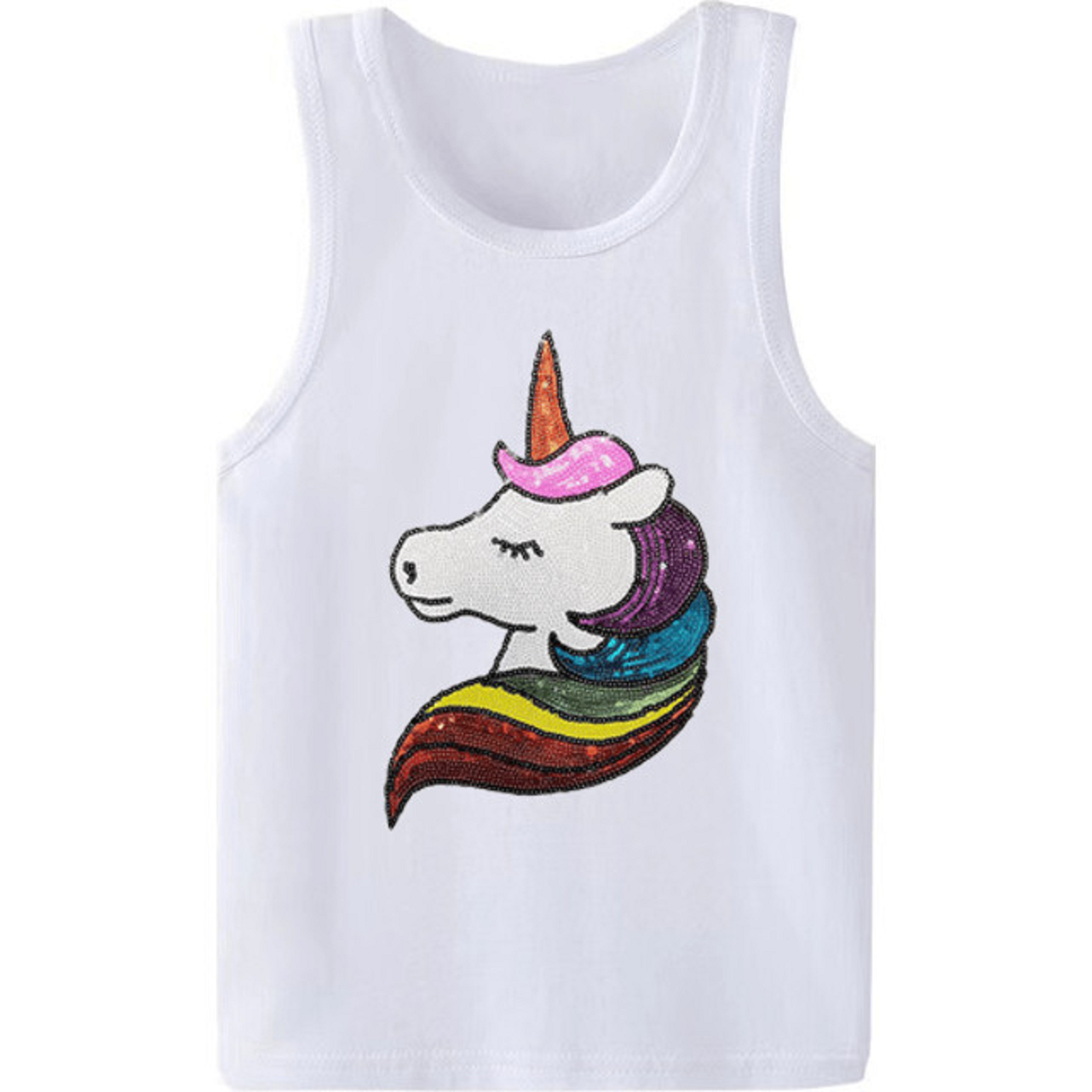 All White Sleeveless Kids Tank Top with Rainbow Sequin Unicorn.