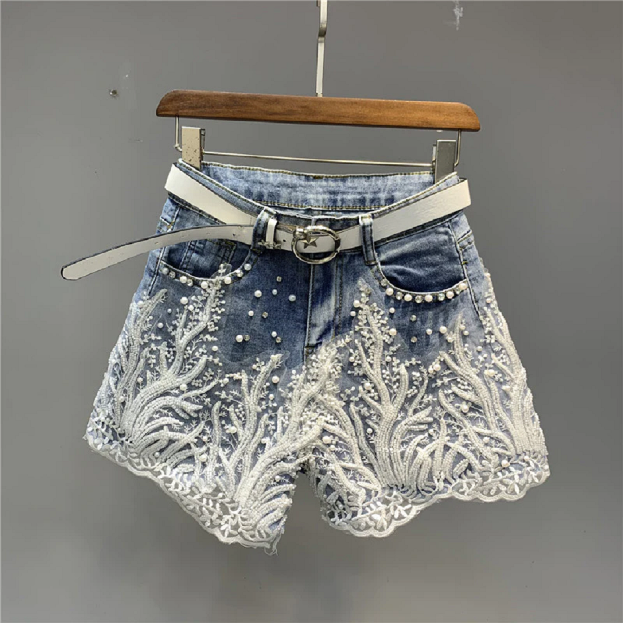 Beads Rhinestones Lace Flower Kids Denim Shorts