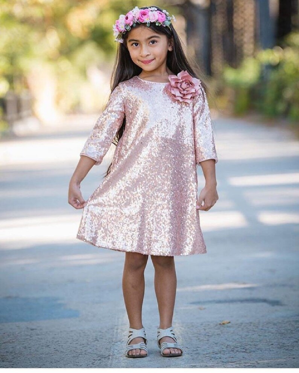 Gold Sequin Three-Quarter Sleeve Short Dress for Kids.