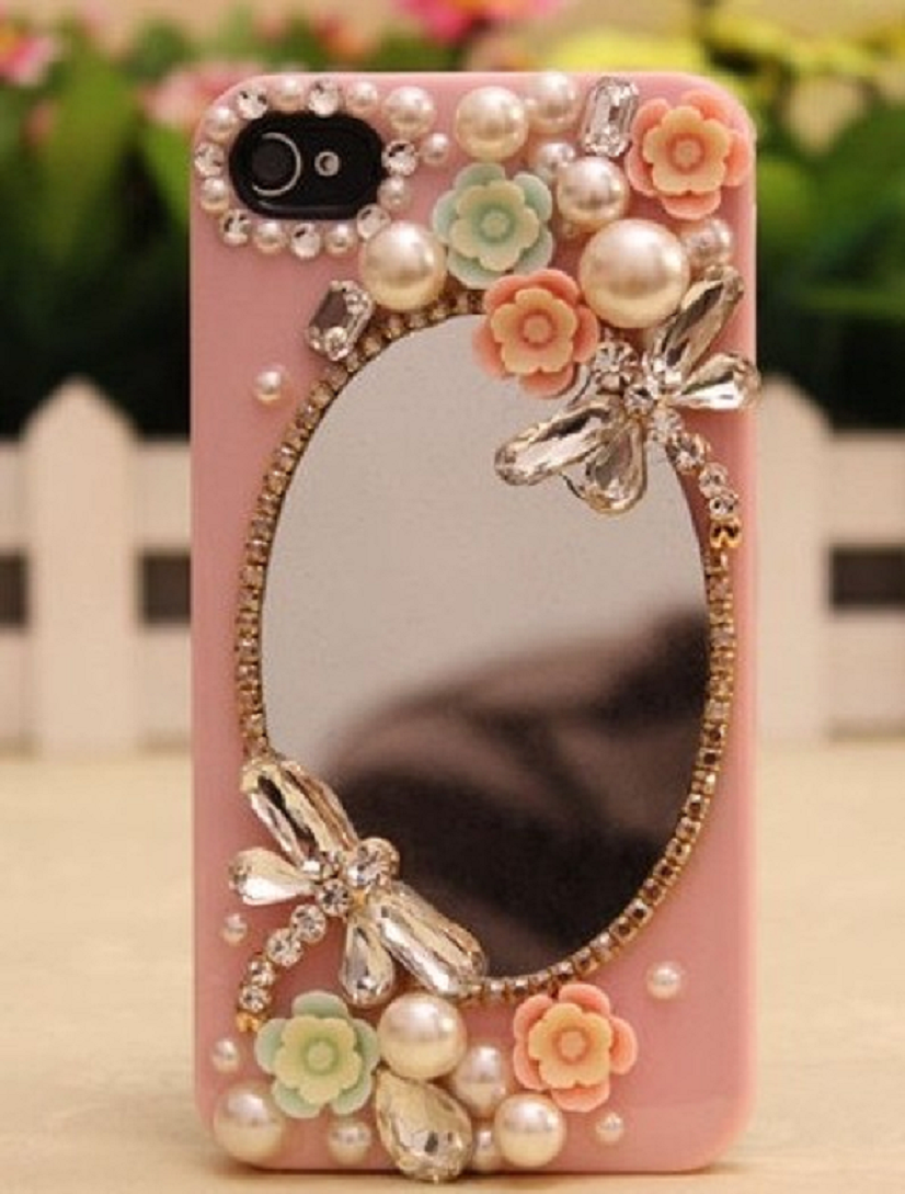 Pink Hard Back Cover For iPhone 6 with Fixed Rhinestones and Flowers with Dragonfly Design