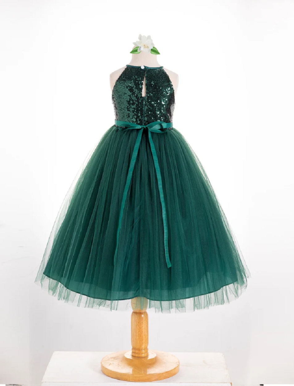 Halter Neck Long Green Sequin Sleeveless Kids Dress with Key Hole Neck.