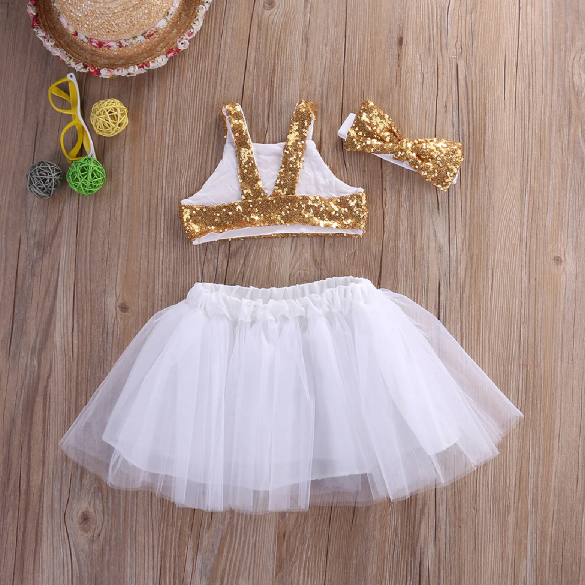 3Pcs Gold Sequins Toddler Baby Girl Outfit Set