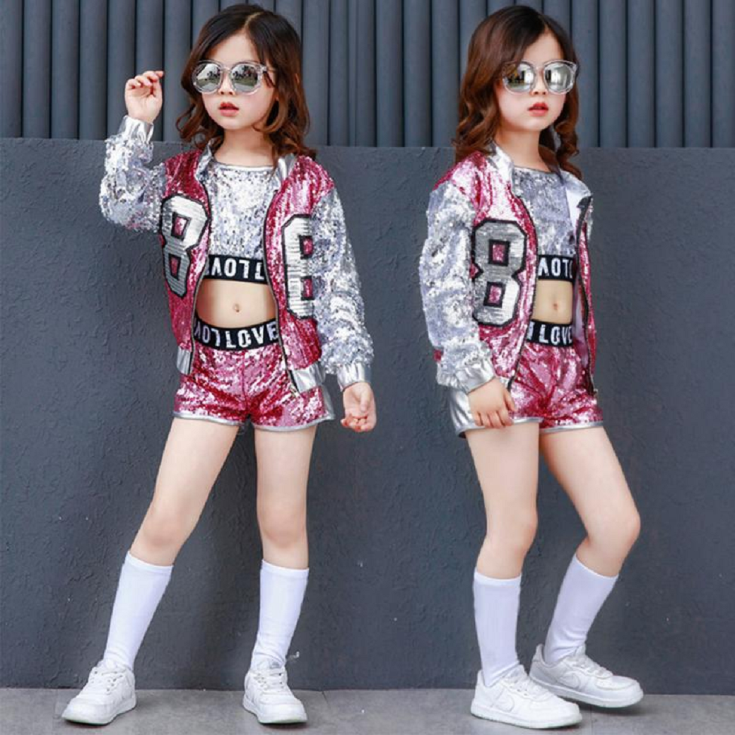 Kid Dance Hip Hop Sequins Costume Vest, Shorts and Coat.