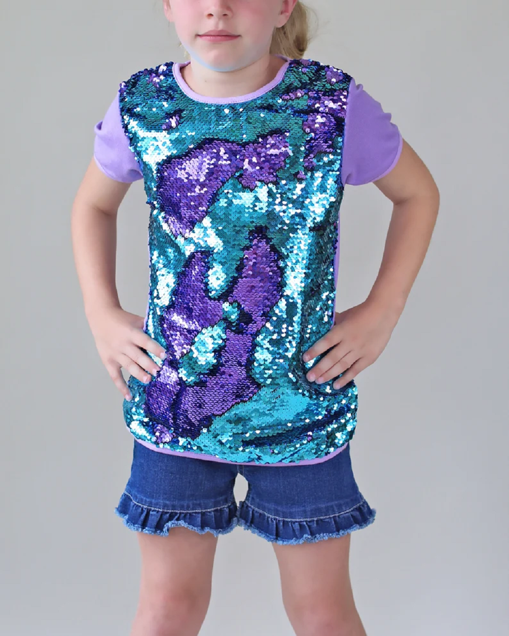 Turquoise and Lavender Reversible Sequined Short Sleeves Shirt for Kids