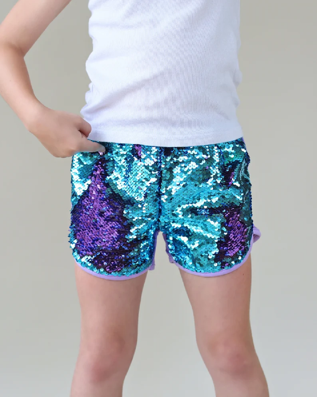 Turquoise and Lavender Reversible Sequined Hot Shorts for Kids