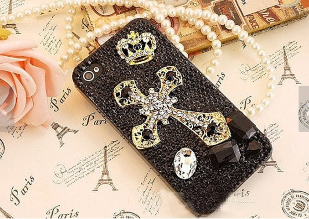 Black Hard Plastic Back Mobile Cover with Rhinestones and Cross Embellished