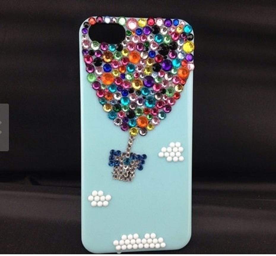 Blue Hard Plastic Back Mobile Cover for iPhone with Multi-Color Rhinestones In Gas Ballon Design