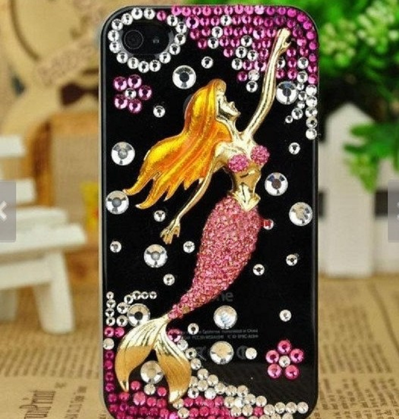 All Black Hard Plastic iPhone Case with Pink and Silver Rhinestones and Mermaid Design