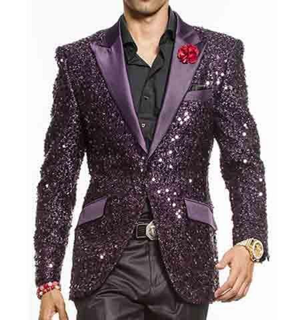 Men's Double Button Purple Sequin Coat with Satan Trims