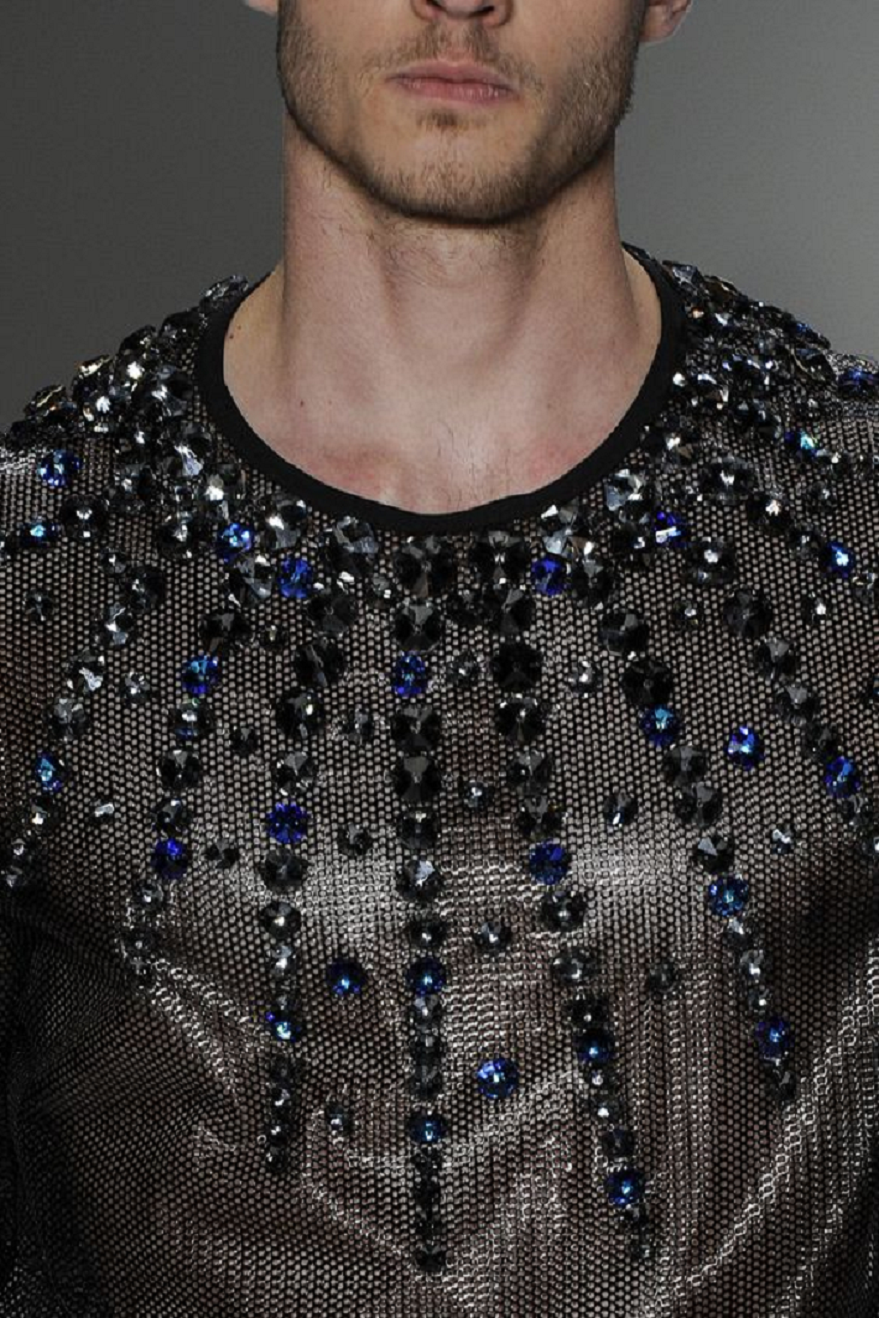 Men's Short Sleeves Round Neck Mesh T-Shirt with Sequins.