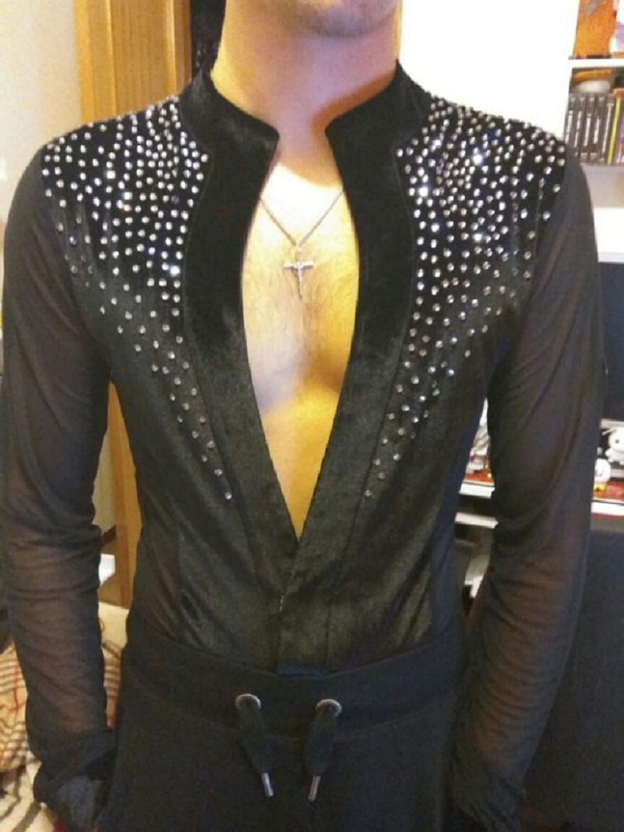 Men's Long Sleeves Black Open Front Dance Cosutme Shirt with Rhinestones.