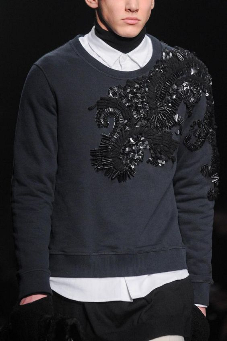 Men's Long Sleeves Black Jumper with Embellished Beads and Crystals