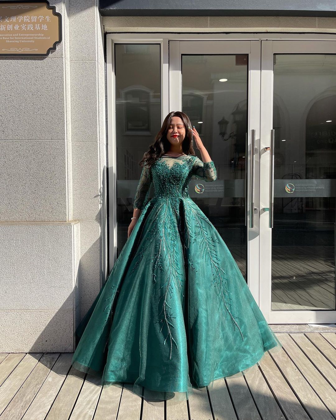 3/4 Long Sleeves Green Embellished Long Gown with Beads