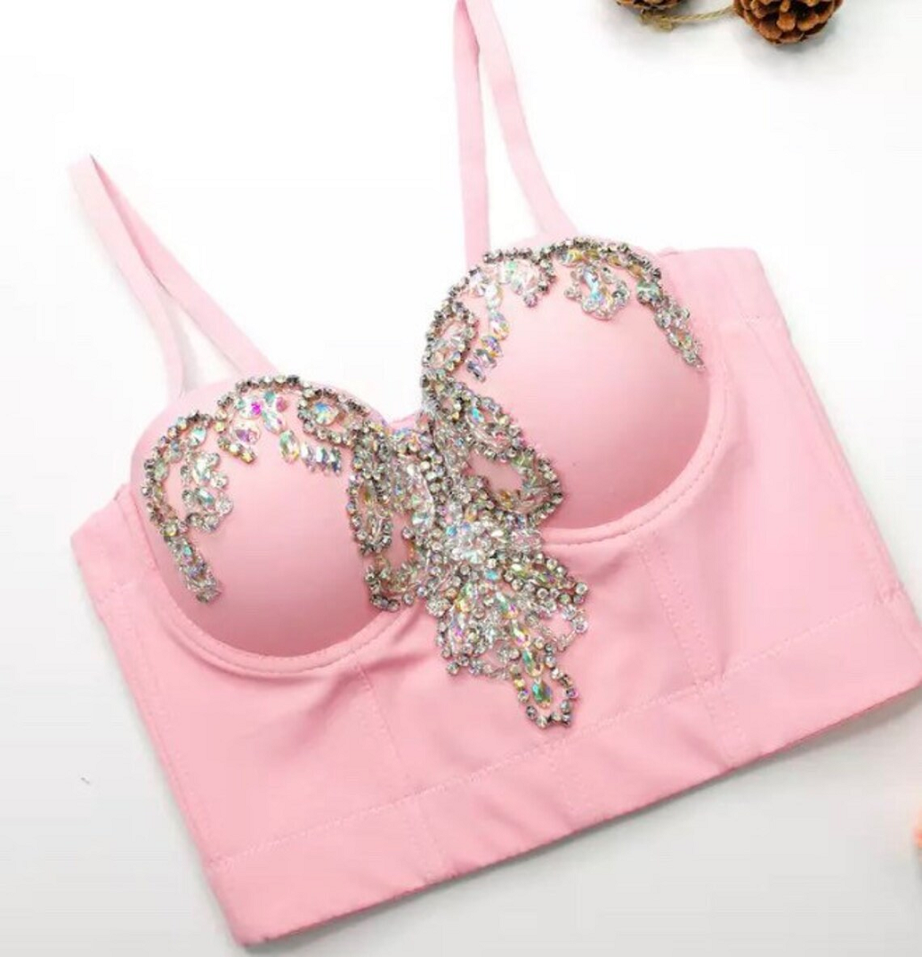 Pink Embellished Crystal Rhinestone Bustier Bralette Corset