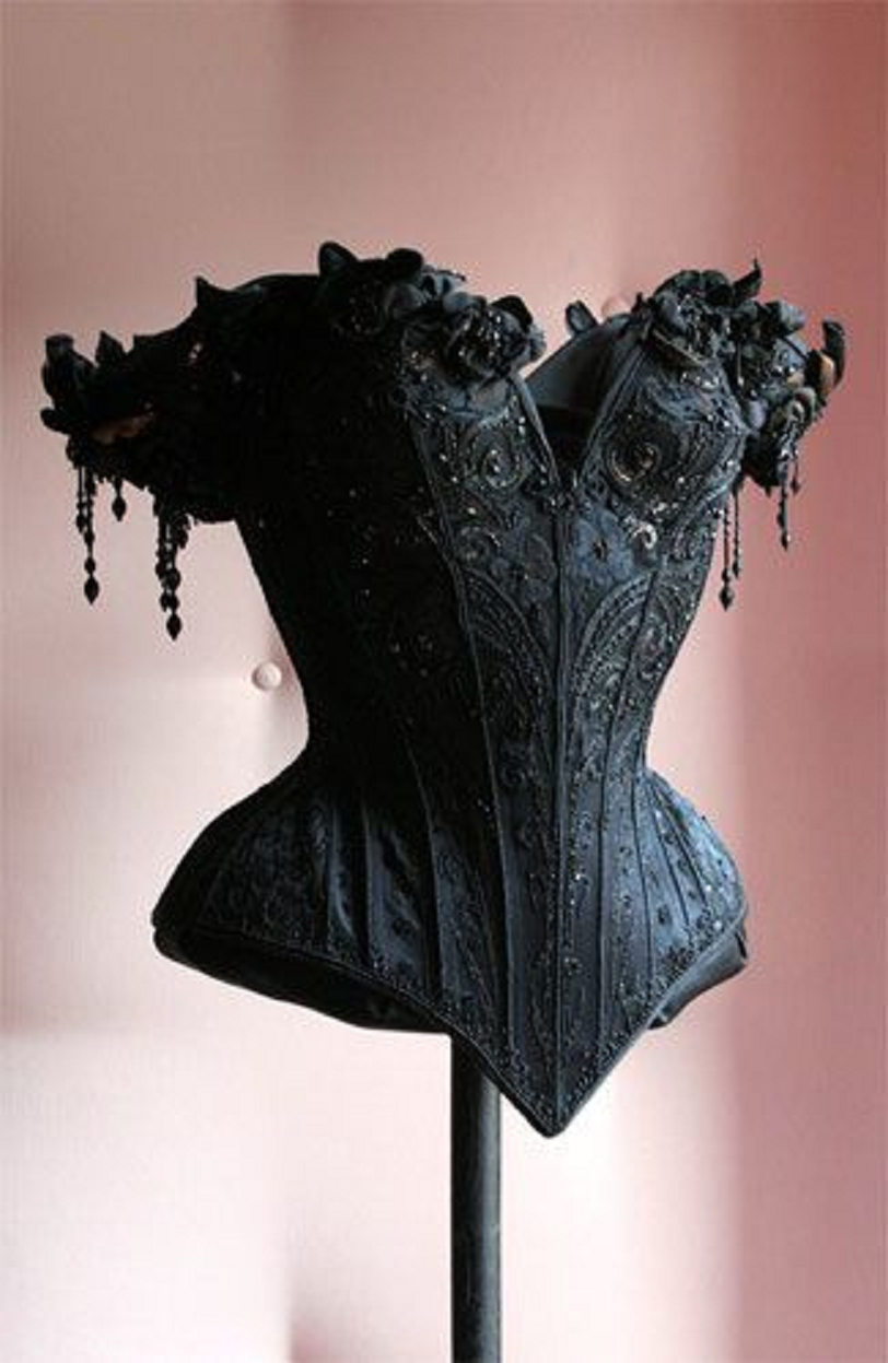 Black Embellished Off Shoulder V-Neck Corset with Sequins and Mesh