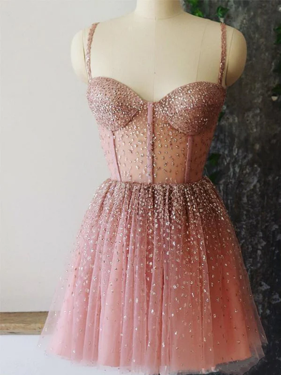 Cute Sparkly Pink Beaded Sweetheart A-Line Homecoming Corset Dress