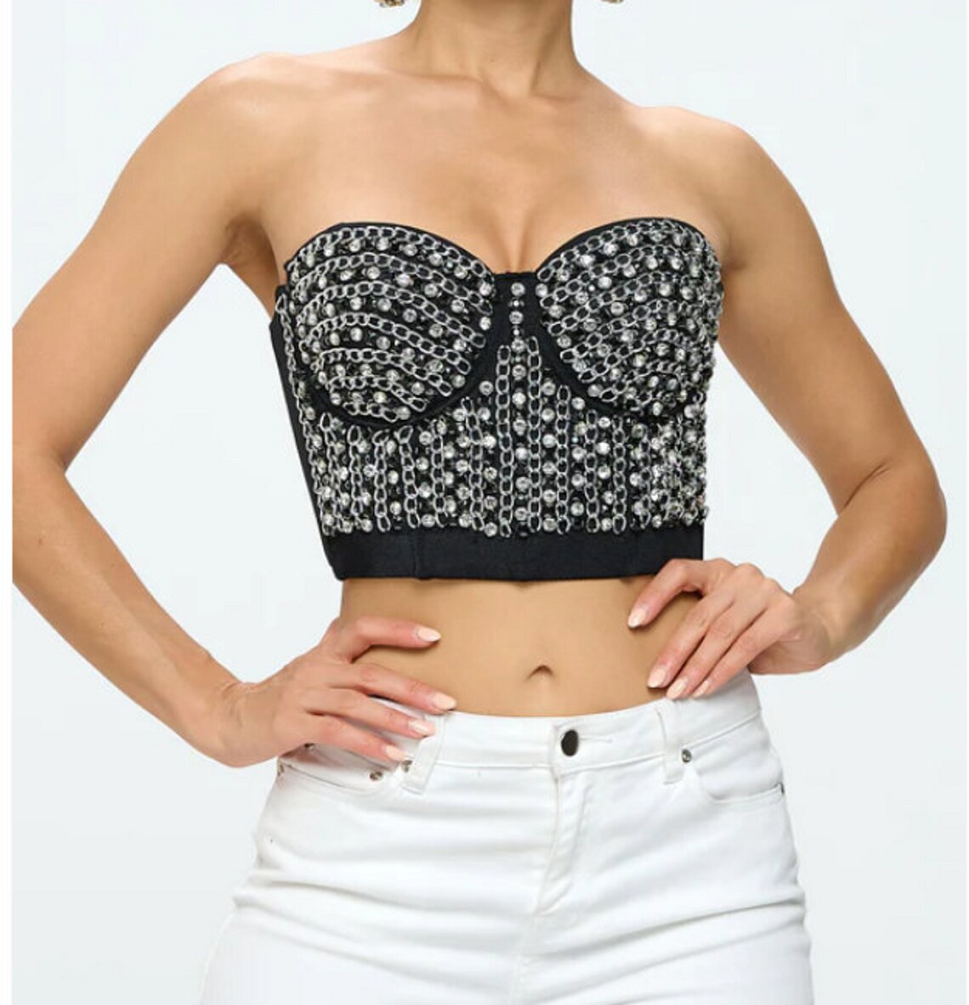 Bustier Crop Top Classic Style Corset with Chains and Rhinestones