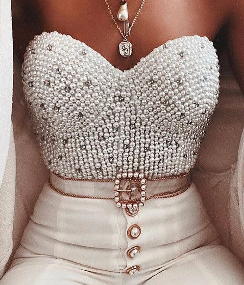 White Bridal Pearl Bustier Corset Encrusted with Real Crystal Diamond