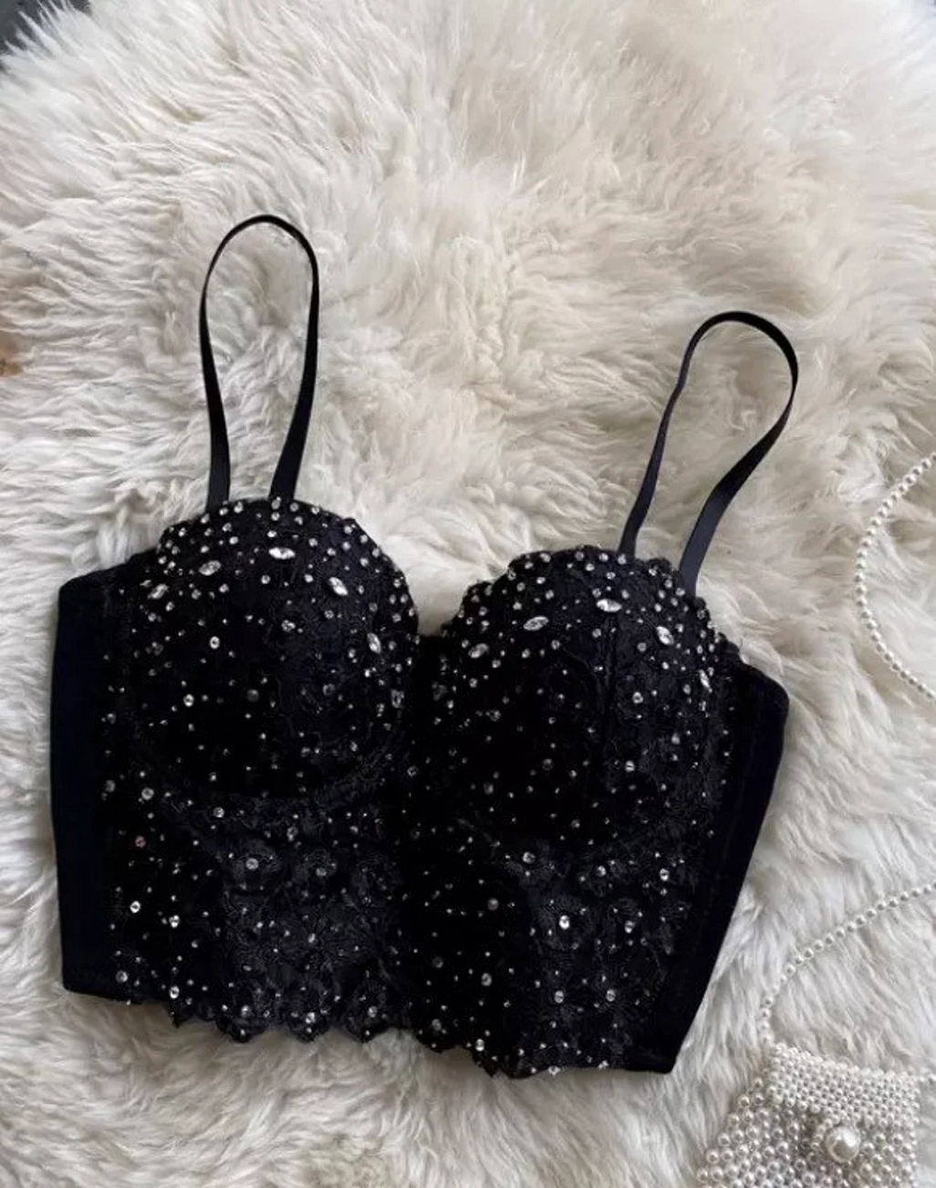 Bridal Black Lace Crystal Rhinestone Bustier Corset Crop Top