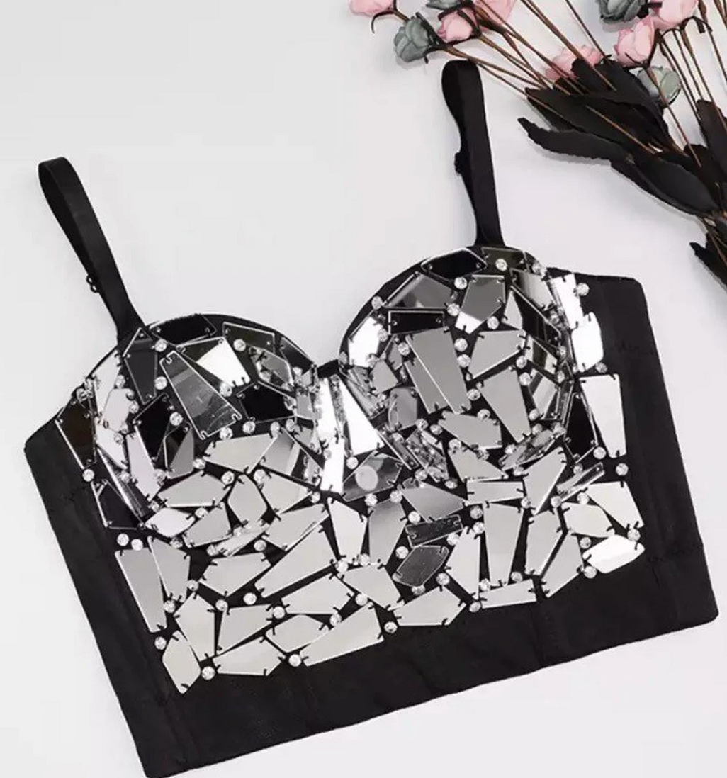 Silver Mirror Crystal Diamond Embellished Beaded Rhinestone Corset Bustier  festivals Concerts 