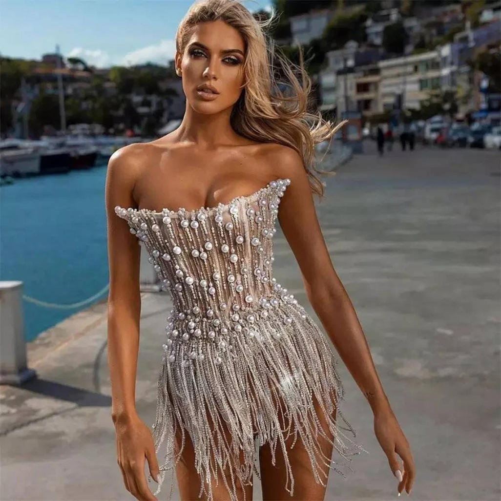 Elegant Off Shoulder Embellished Corset with Pearls and Rhinestones