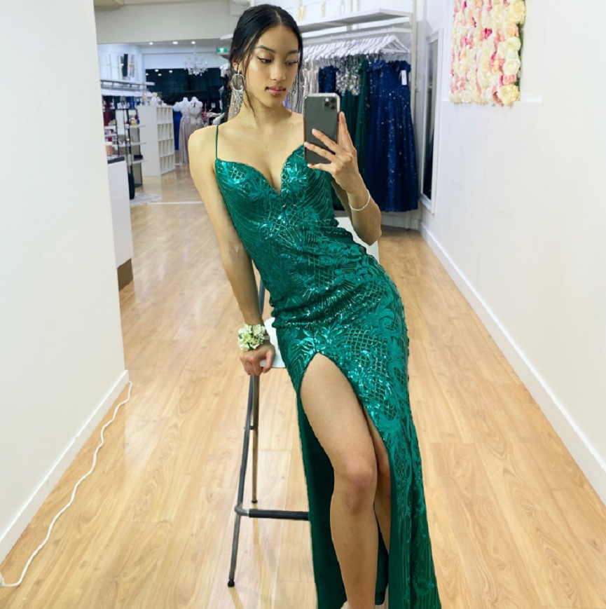 Green Sequin Long Gown with Sweetheart Neckline and High Slit