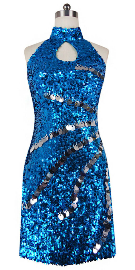 Short Dress With Chinese Collar In Turquoise Sequin Fabric With Hand Sewn Silver Metallic Sequin