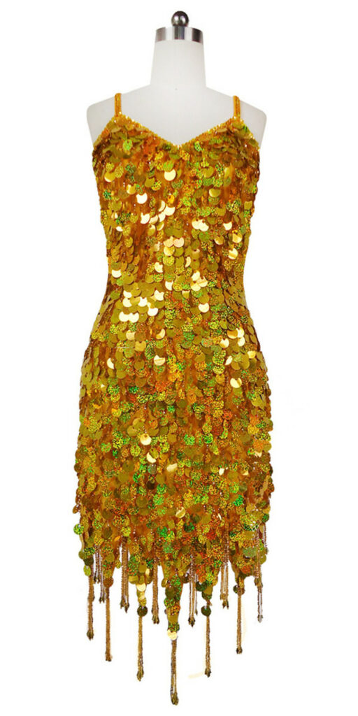 Short Handmade Paillette Hologram Gold Sequin Dress with Beaded Hemline
