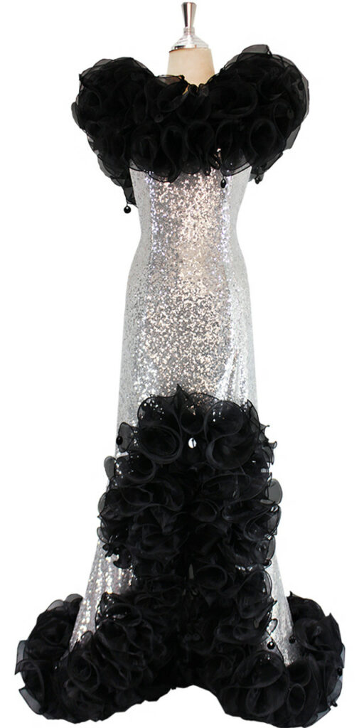 Long Silver Sequin Fabric Dress With Black Organza Ruffles At Neck And Hemline