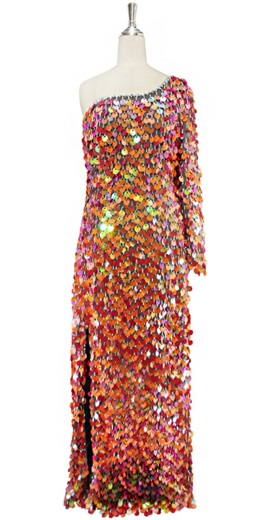 Long handmade sequin dress in iridescent orange and watermelon paillette sequins with silver faceted beads in a one-sleeve cut