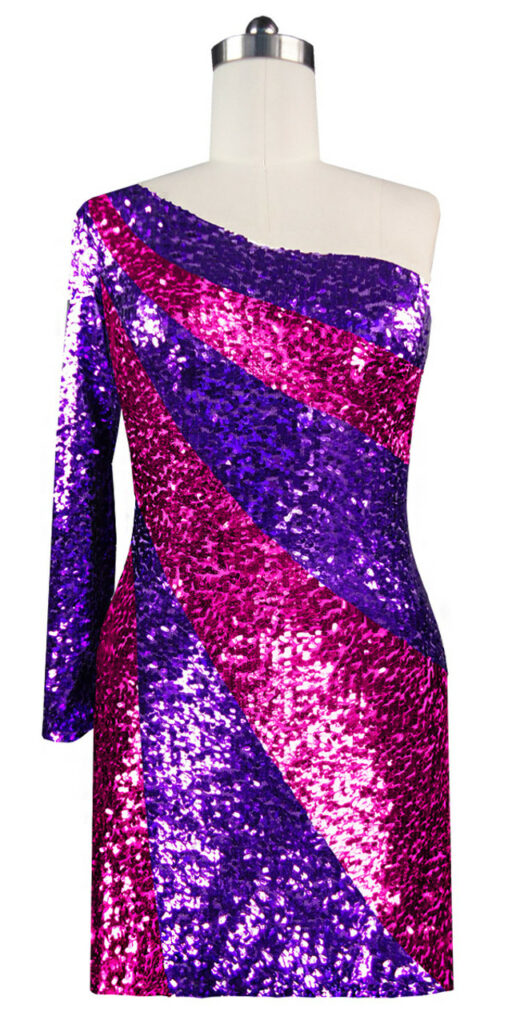 Short patterned dress in metallic purple and fuchsia sequin fabric in a one-sleeve cut