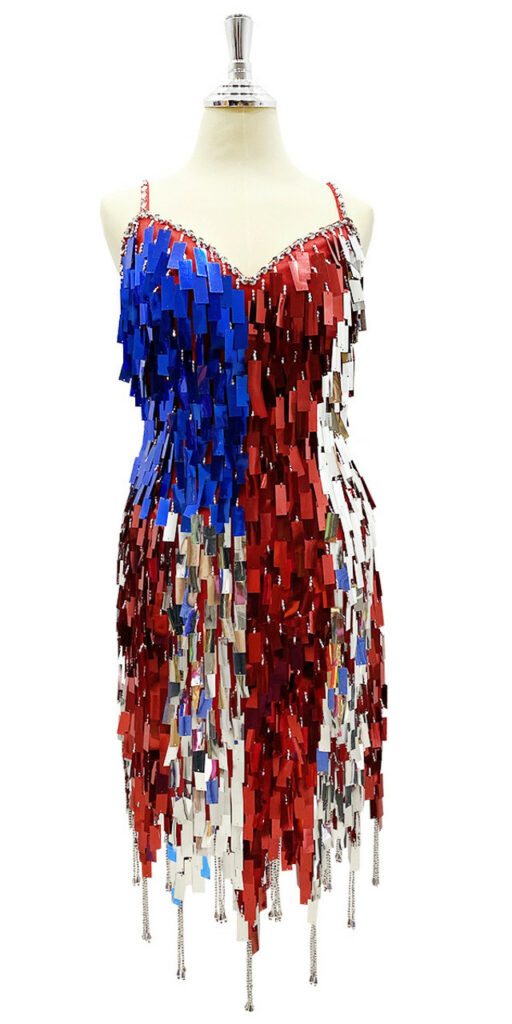 In-Stock In Blue Red and Silver Metallic Sequin Handmade Sequin Dress Beads