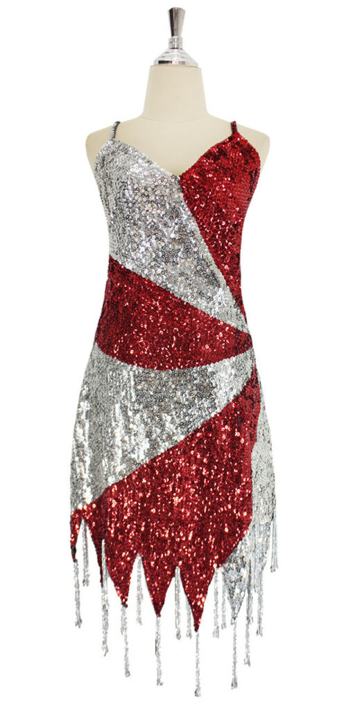 Short handmade sequin dress in 8mm cupped metallic red and silver with silver faceted beads