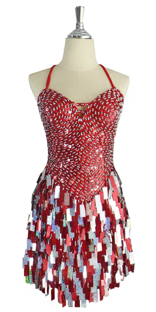 Short handmade sequin dress with 10mm hologram red fishscale sequins overlaid with silver faceted beads on the bodice